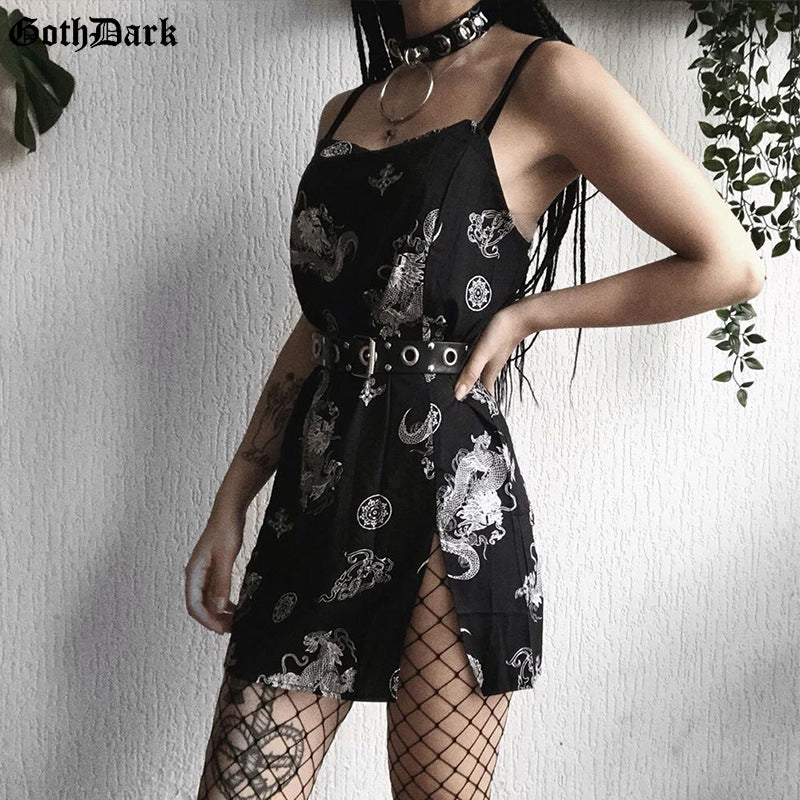 Goth Dark Gothic Vintage Punk Dragon Print High Waist Aesthetic Split Dress Chic Strap Backless