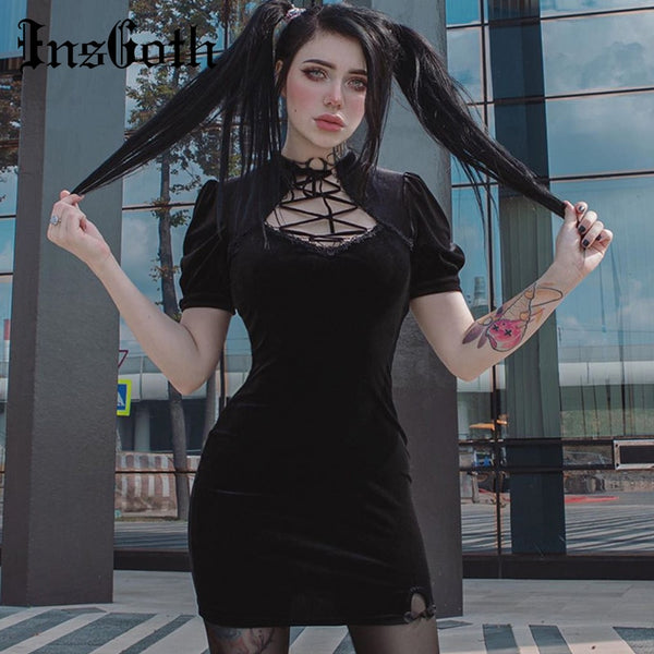 Goth Retro Black Short Sleeve Mini Dress Women Gothic Streetwear Female Dress Vintage Party Dress