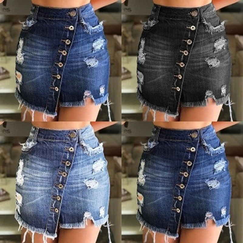 Casual Irregular High Waist Denim Skirt Light Wash Women Ripped Mini Skirt Goth