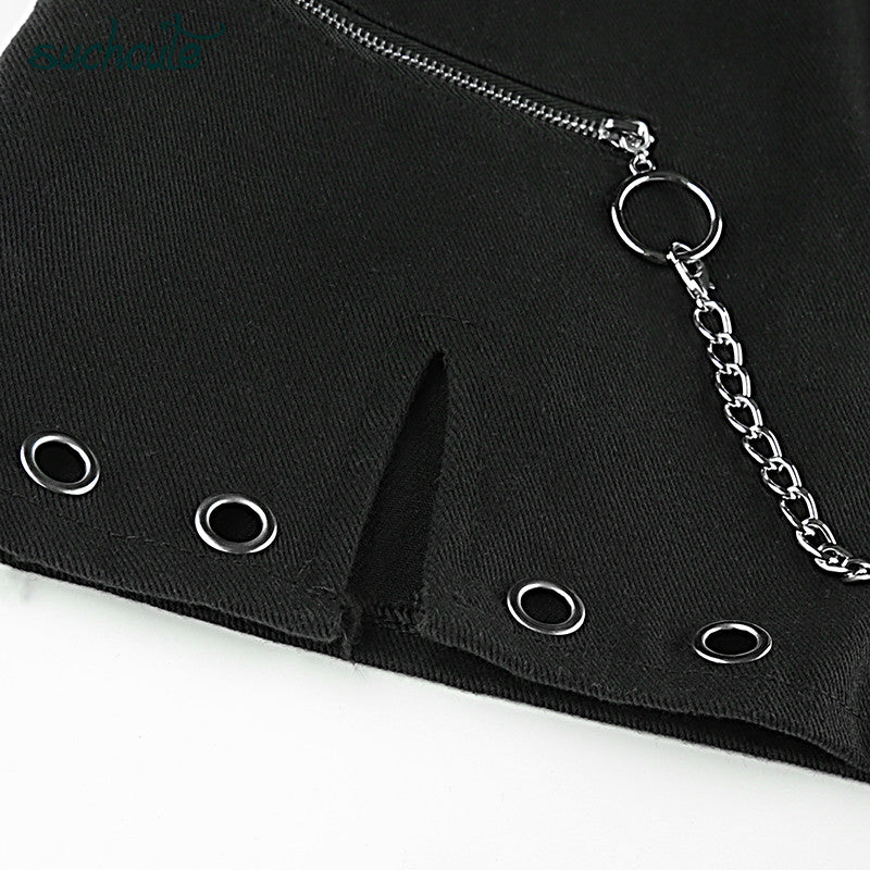 Zipper up women skirts metal chain gothic mini skirt A-line black 