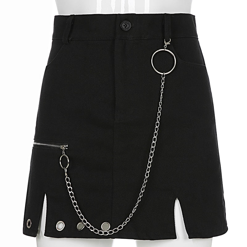 Hot Goth Zipper up women skirts metal chain gothic mini skirt A-line black