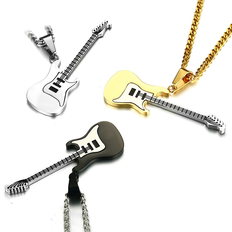 Stainless steel silver guitar necklace  chains pendant Rock Band chain necklaces jewelry music