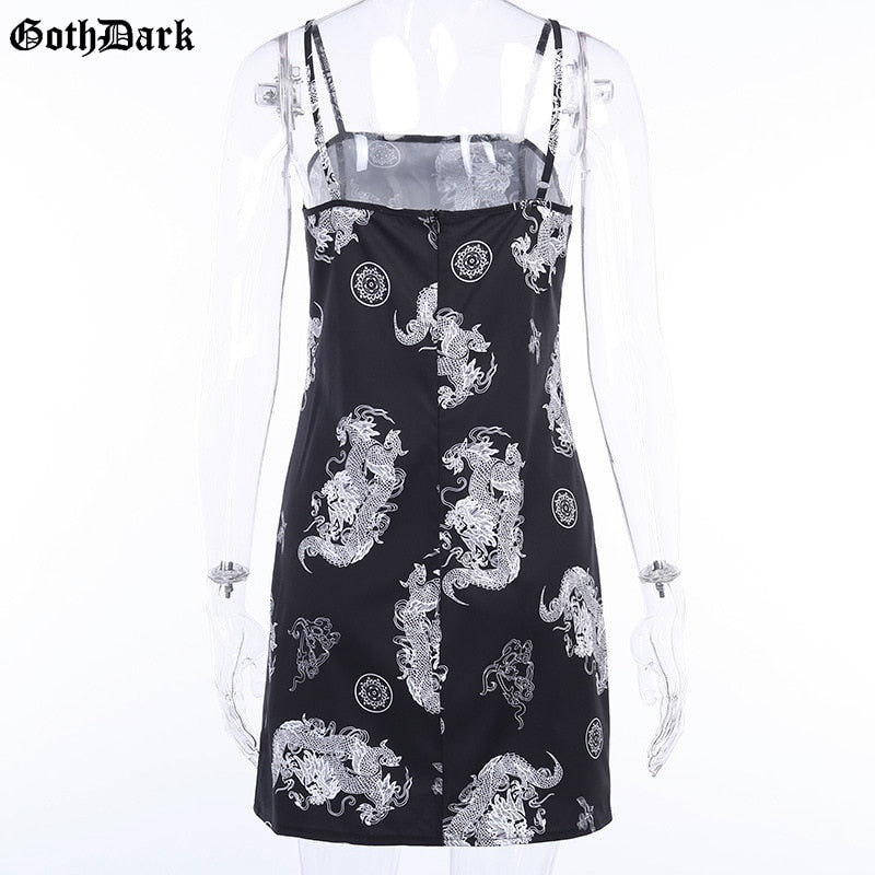 Goth Dark Gothic Vintage Punk Dragon Print High Waist Aesthetic Split Dress Chic Strap Backless