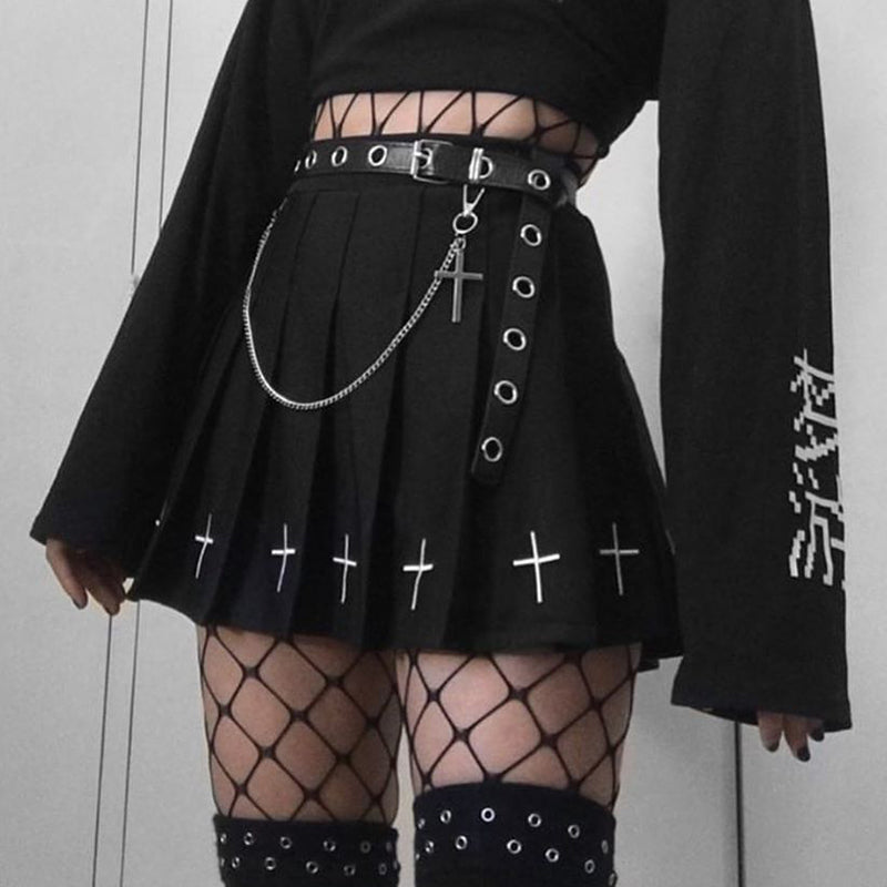 Goth High Waist Mini Black Skirts Gothic Streetwear Cross Print Pleated Women Skirt