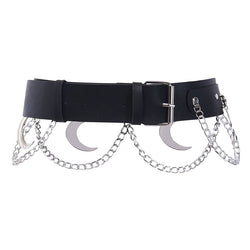 Goth Punk Hip Hop Metal Belt PU Leather Belt Chain Moon Goth Belt (Black)