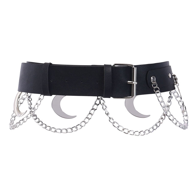 Goth Punk Hip Hop Metal Belt PU Leather Belt Chain Moon Goth Belt (Black)