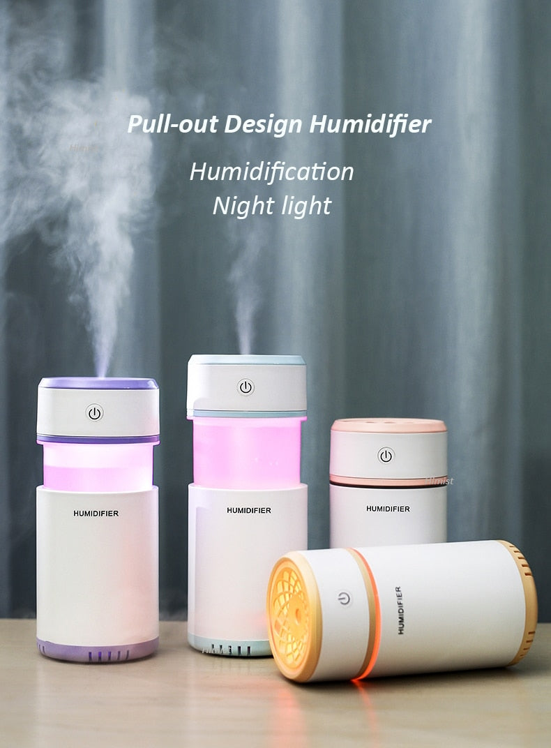 Creative Pull-out Design Air Humidifier with LED Lights Ultrasonic Cool Mist Maker Air Purifier for Car Mini USB Aroma Diffuser