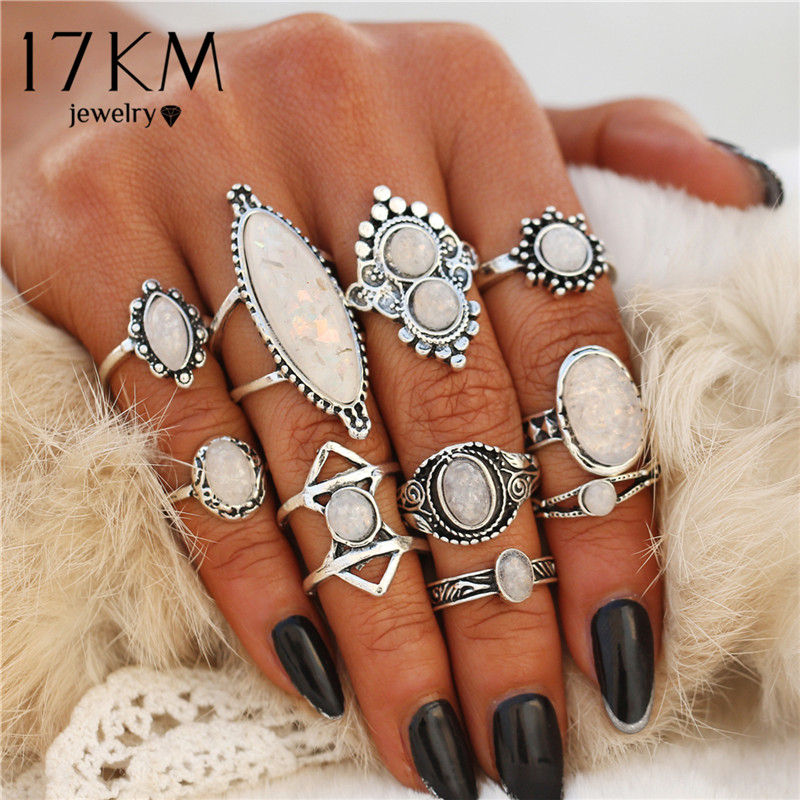 8 PCS/Set Vintage Opal Rings Set Goth Boho Geometric Pattern Bohemian Goth Jewerally