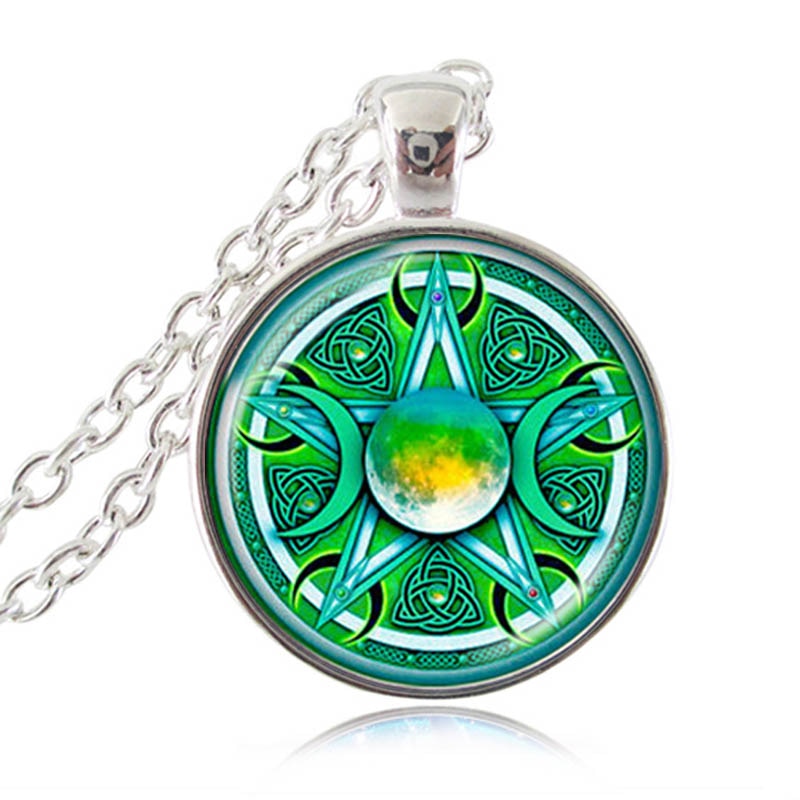 Triple Moon Goddess Pendant Pentagram Necklace Witch Glass Dome Wiccan Goth Jewerally