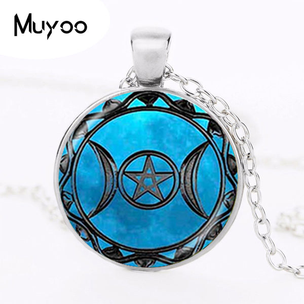 Triple Moon Goddess Pendant Pentagram Necklace Witch Glass Dome Wiccan Goth Round Chain Charm 