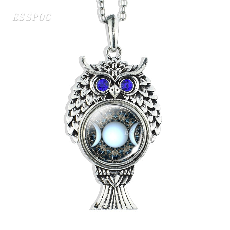 Triple Moon Goddess Necklace Silver Chain Owl Shape Pendant Wiccan Goth Jewerally