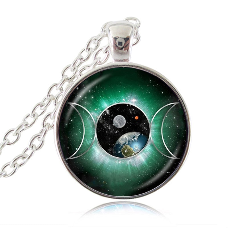 Triple Moon Goddess Pendant Pentagram Necklace Witch Glass Dome Wiccan Goth Jewerally