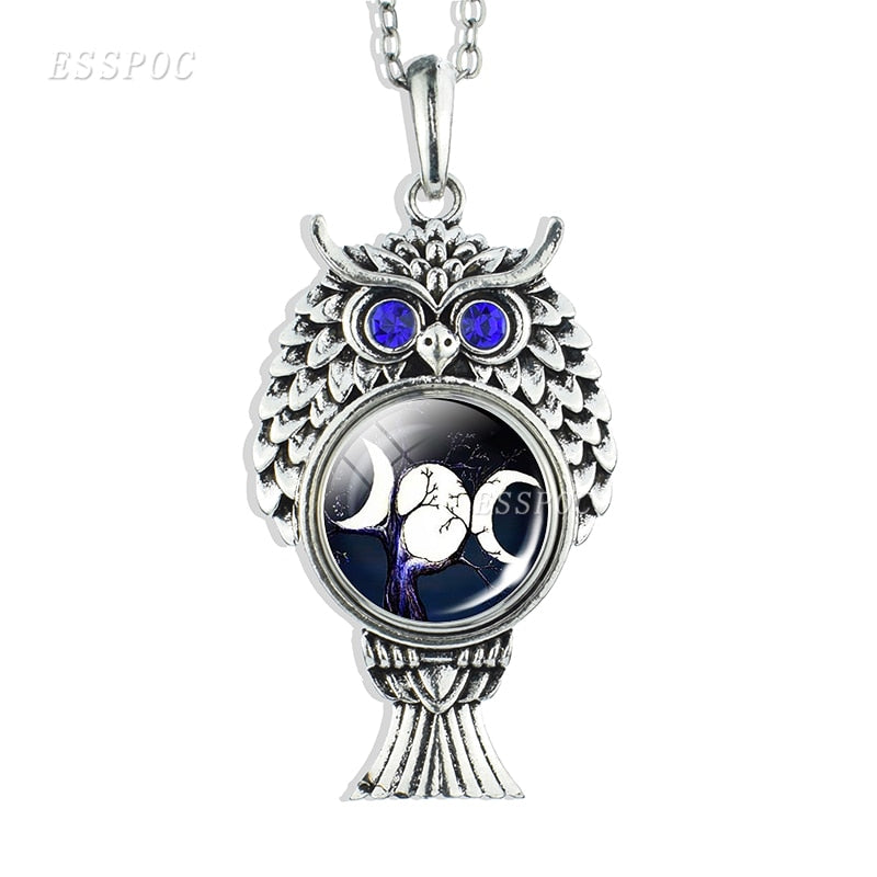 Triple Moon Goddess Necklace Silver Chain Owl Shape Pendant Wiccan Jewelry Goth