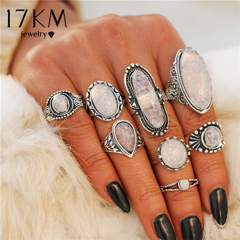 8 PCS/Set Vintage Opal Rings Set Goth Boho Geometric Pattern Bohemian Goth Jewerally