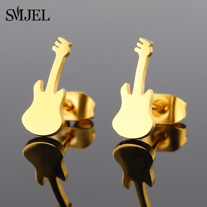 Stainless Steel Guitar Earrings Rock  Fashion Music Instruments Jewelry Ear Studs 