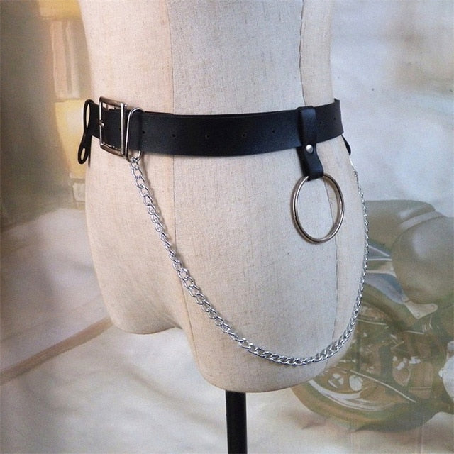 Goth Waist Chain Metal Circle Ring Design Silver Pin Buckle Leather Black Jeans Waist Belt