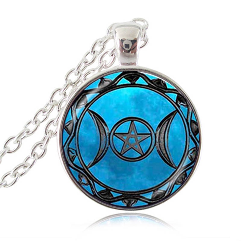 Triple Moon Goddess Pendant Pentagram Necklace Witch Glass Dome Wiccan Goth Jewerally