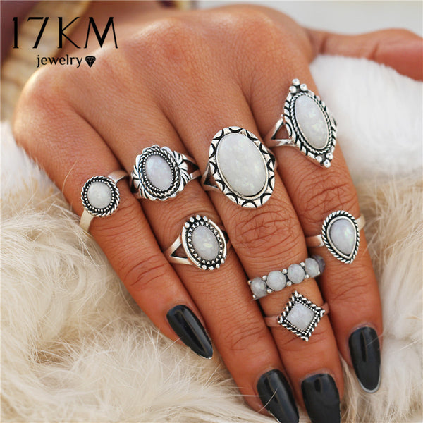 8 PCS/Set Vintage Opal Rings Set Goth Boho Geometric Pattern Flower Rings Bohemian Jewelry 