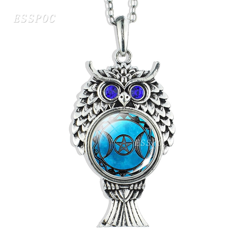 Triple Moon Goddess Necklace Silver Chain Owl Shape Pendant Wiccan Goth Jewerally