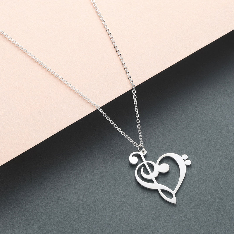 Music Note Heart of Treble and Bass Clef Necklace Women Infinity Love Charm Pendant Stainless Steel