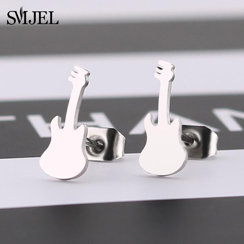 Stainless Steel Guitar Earrings Rock  Fashion Music Instruments Jewelry Ear Studs 