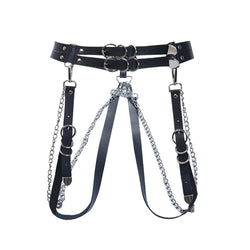 Gothic Punk Faux Leather Belt Metal Chain Ring Waist Strap Rock Hip Hop Ring Chain Belt (Black)