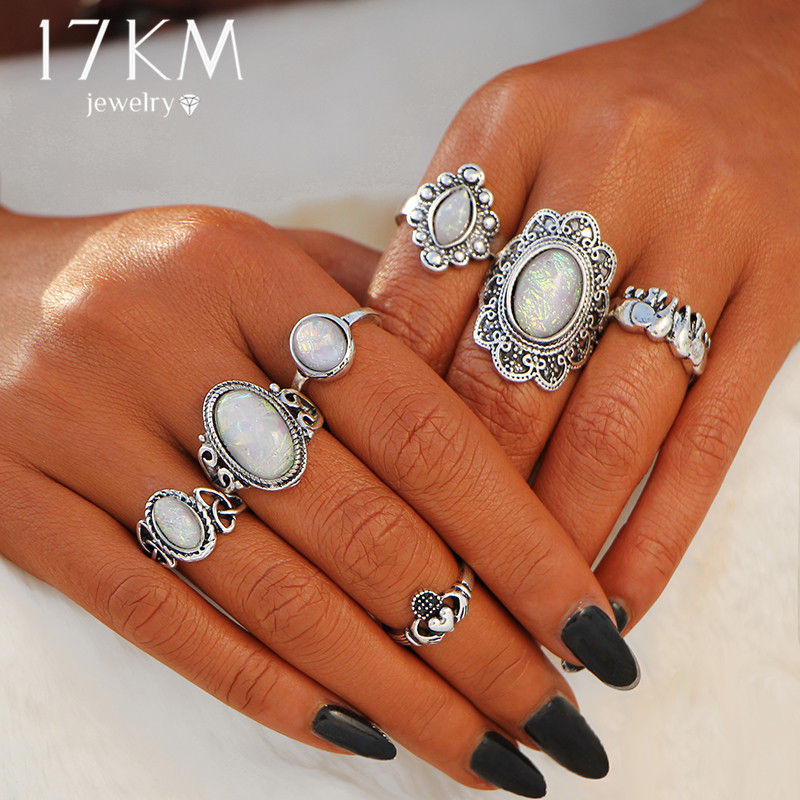 8 PCS/Set Vintage Opal Rings Set Goth Boho Geometric Pattern Flower Rings Bohemian Jewelry 