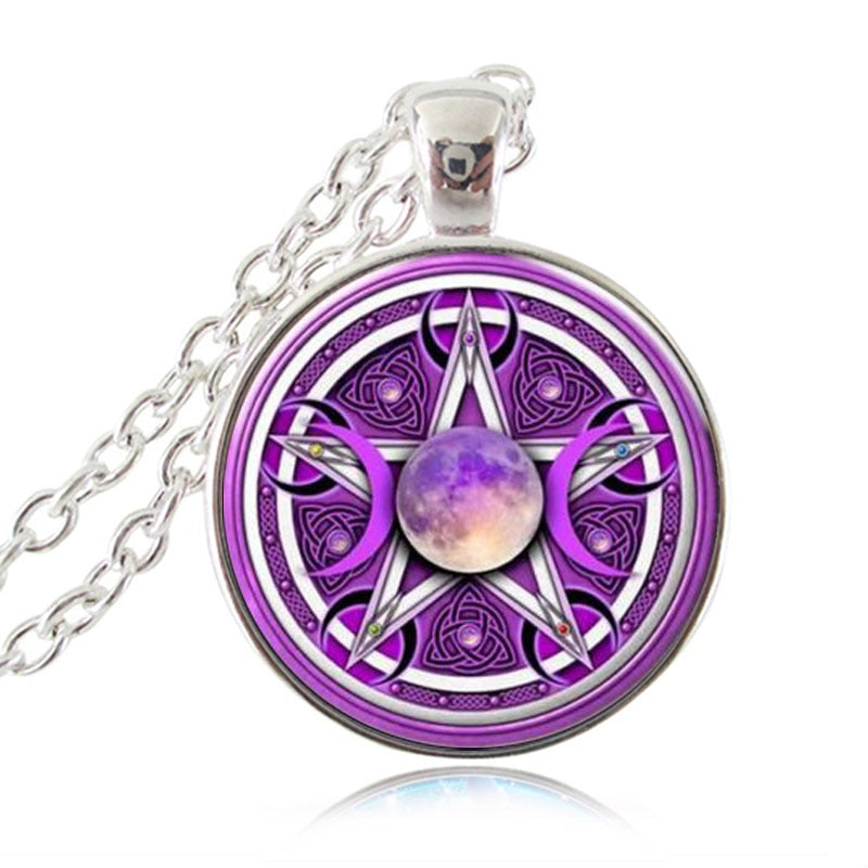 Triple Moon Goddess Pendant Pentagram Necklace Witch Glass Dome Wiccan Goth Jewerally