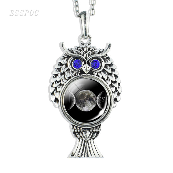 Triple Moon Goddess Necklace Silver Chain Owl Shape Pendant Wiccan Jewelry Goth