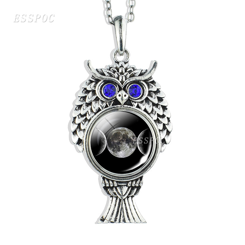 Triple Moon Goddess Necklace Silver Chain Owl Shape Pendant Wiccan Jewelry Goth