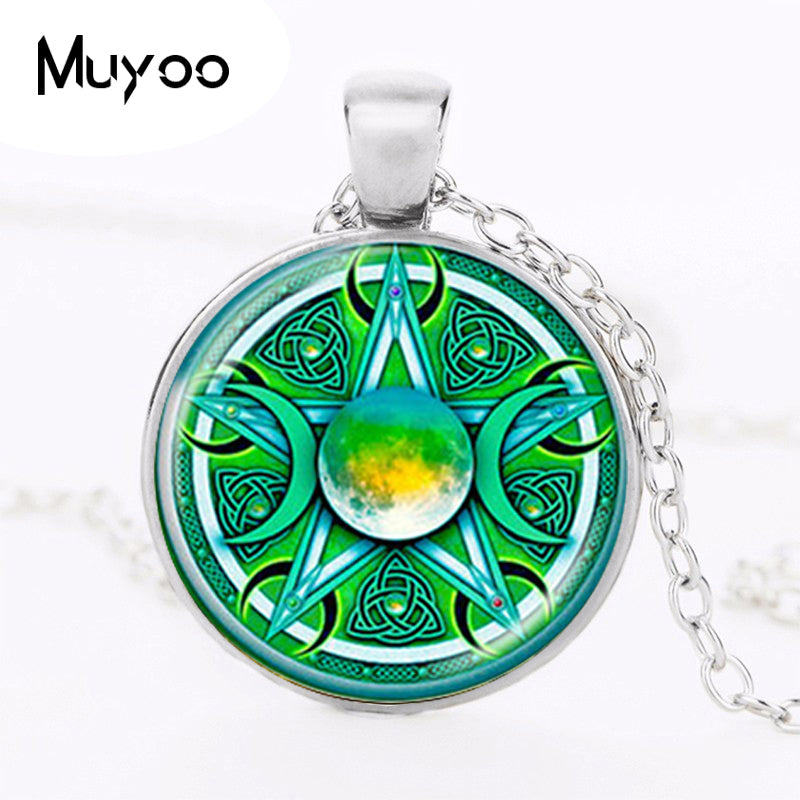 Triple Moon Goddess Pendant Pentagram Necklace Witch Glass Dome Wiccan Goth Round Chain Charm 