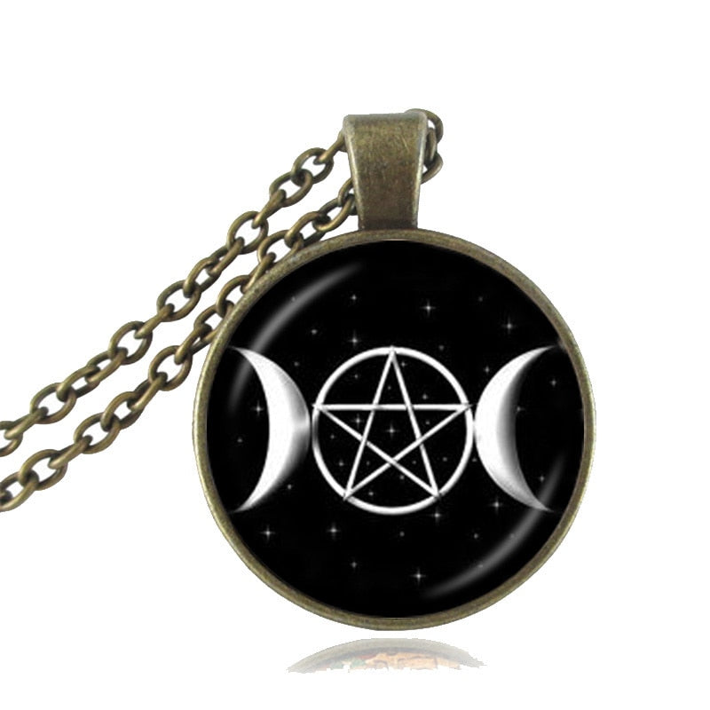 Triple Moon Goddess Pendant Pentagram Necklace Witch Glass Dome Wiccan Goth Jewerally