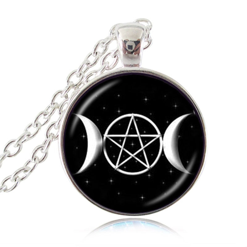 Triple Moon Goddess Pendant Pentagram Necklace Witch Glass Dome Wiccan Goth Jewerally