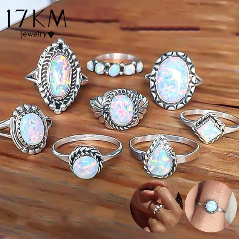 8 PCS/Set Vintage Opal Rings Set Goth Boho Geometric Pattern Flower Rings Bohemian Jewelry 