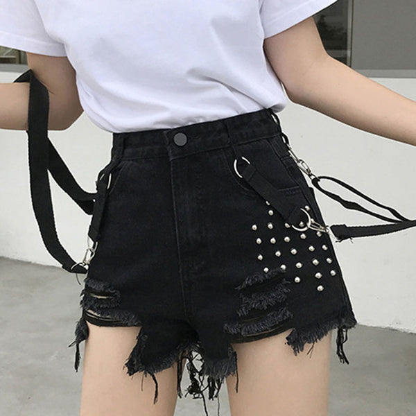 Sexy Ripped Jeans Shorts Overalls Casual Gothic Black Denim Shorts Suspender Mini Blue Vintage